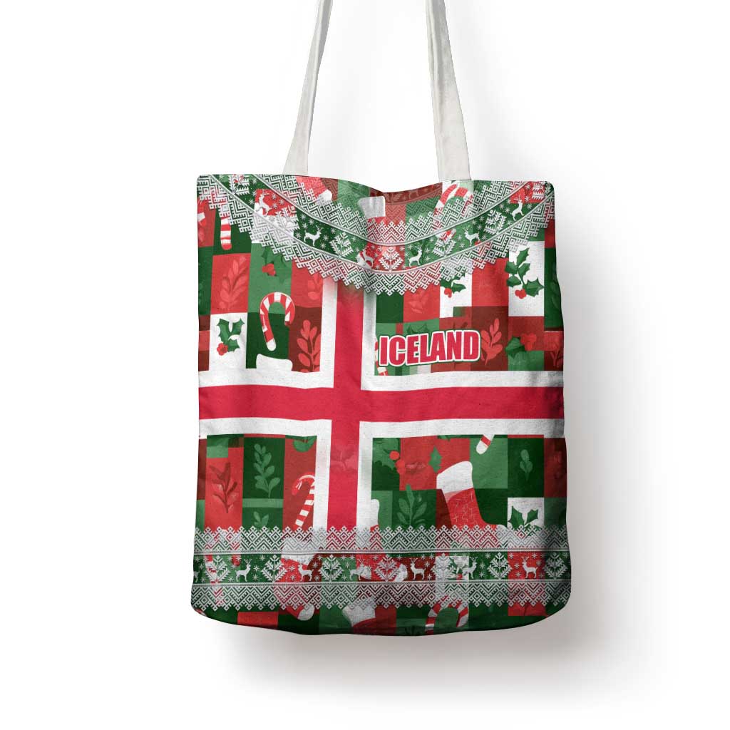 Iceland Christmas Tote Bag with Green & Red Candy Cane Pattern Santa Claus and National Flag Motif - Wonder Print Shop