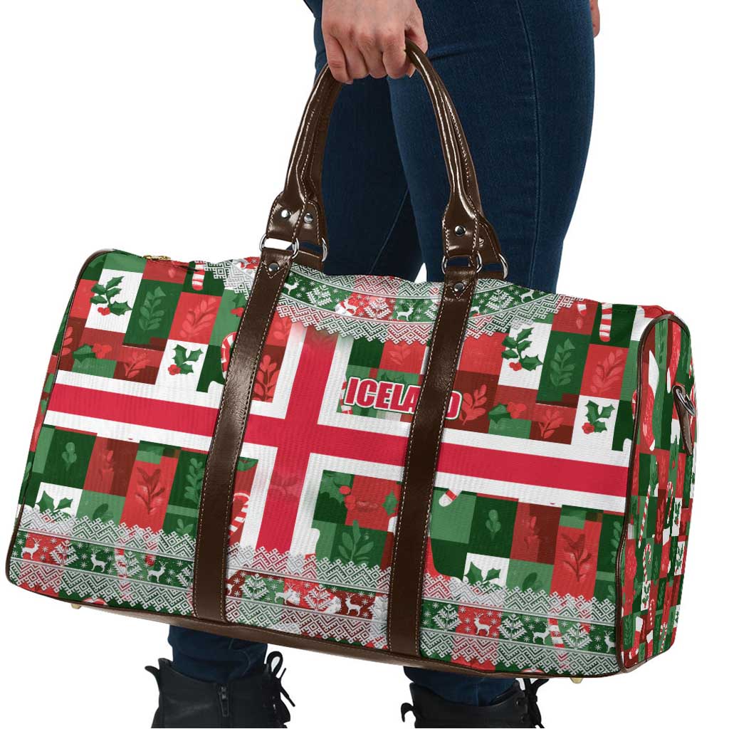 Iceland Christmas Travel Bag with Green & Red Candy Cane Pattern Santa Claus and National Flag Motif - Wonder Print Shop