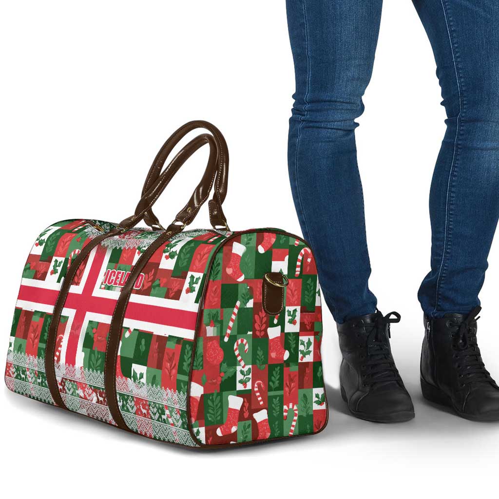 Iceland Christmas Travel Bag with Green & Red Candy Cane Pattern Santa Claus and National Flag Motif - Wonder Print Shop