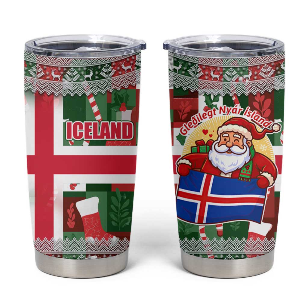 Iceland Christmas Tumbler Cup with Green & Red Candy Cane Pattern Santa Claus and National Flag Motif - Wonder Print Shop