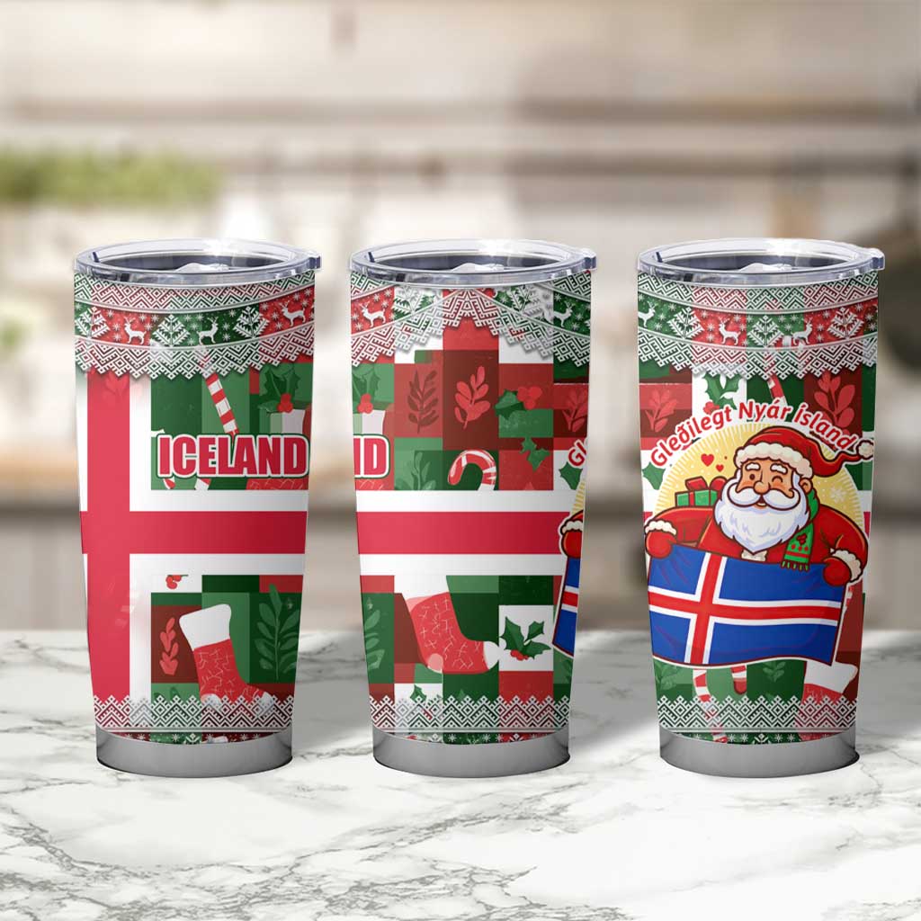 Iceland Christmas Tumbler Cup with Green & Red Candy Cane Pattern Santa Claus and National Flag Motif - Wonder Print Shop