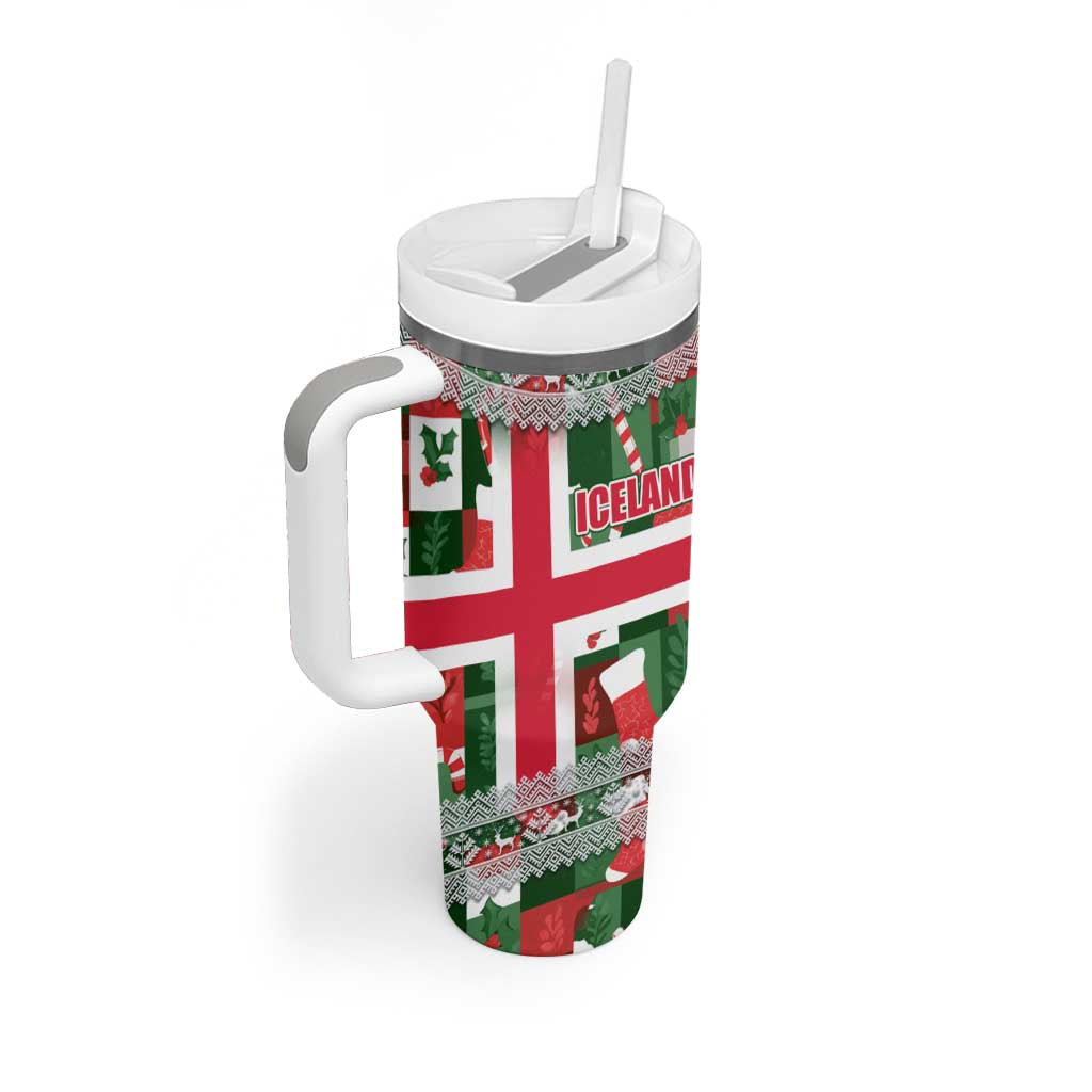 Iceland Christmas Tumbler With Handle with Green & Red Candy Cane Pattern Santa Claus and National Flag Motif - Wonder Print Shop