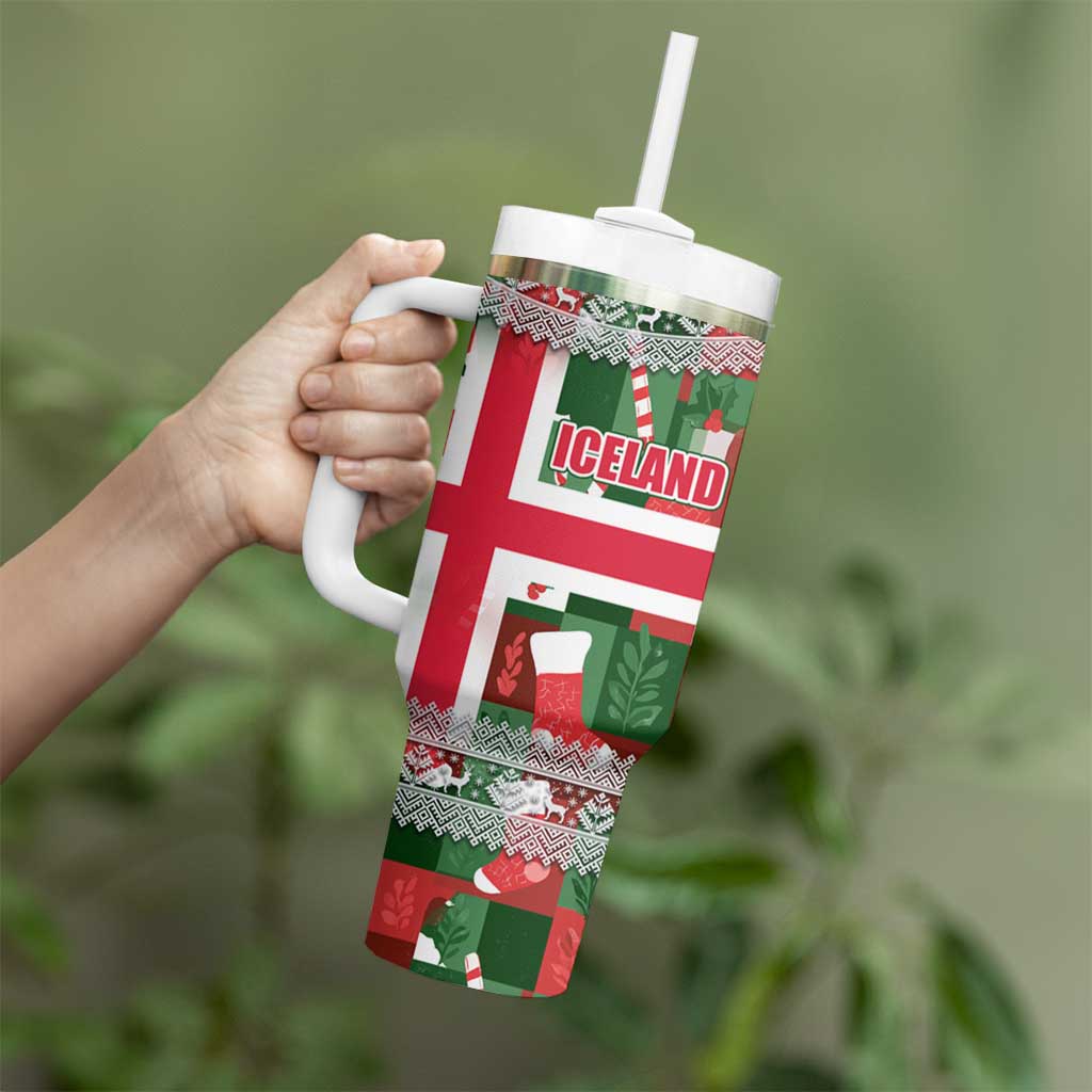 Iceland Christmas Tumbler With Handle with Green & Red Candy Cane Pattern Santa Claus and National Flag Motif - Wonder Print Shop