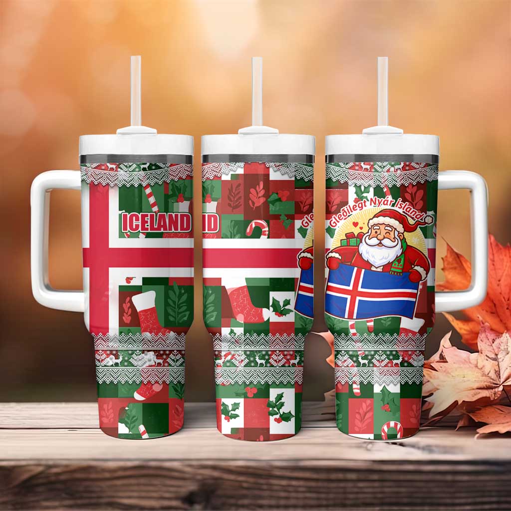 Iceland Christmas Tumbler With Handle with Green & Red Candy Cane Pattern Santa Claus and National Flag Motif - Wonder Print Shop