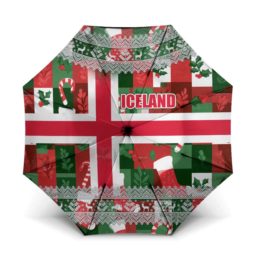Iceland Christmas Umbrella with Green & Red Candy Cane Pattern Santa Claus and National Flag Motif - Wonder Print Shop