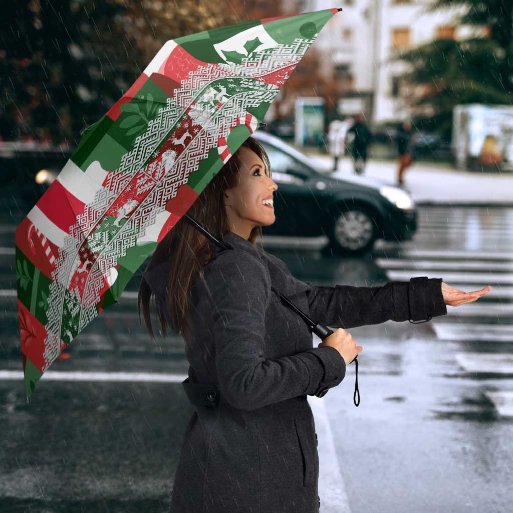Iceland Christmas Umbrella with Green & Red Candy Cane Pattern Santa Claus and National Flag Motif - Wonder Print Shop