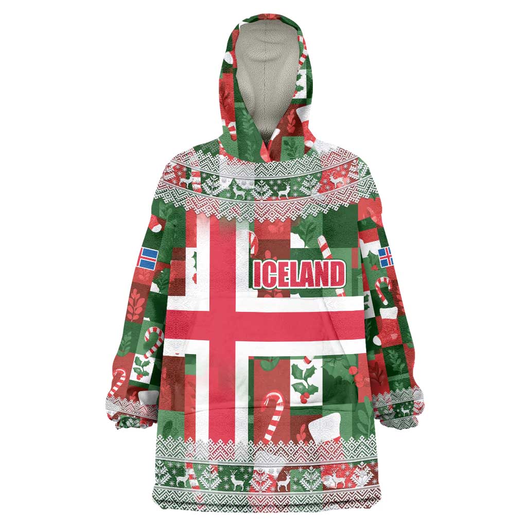 Iceland Christmas Wearable Blanket Hoodie with Green & Red Candy Cane Pattern Santa Claus and National Flag Motif - Wonder Print Shop
