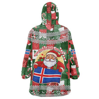 Iceland Christmas Wearable Blanket Hoodie with Green & Red Candy Cane Pattern Santa Claus and National Flag Motif - Wonder Print Shop