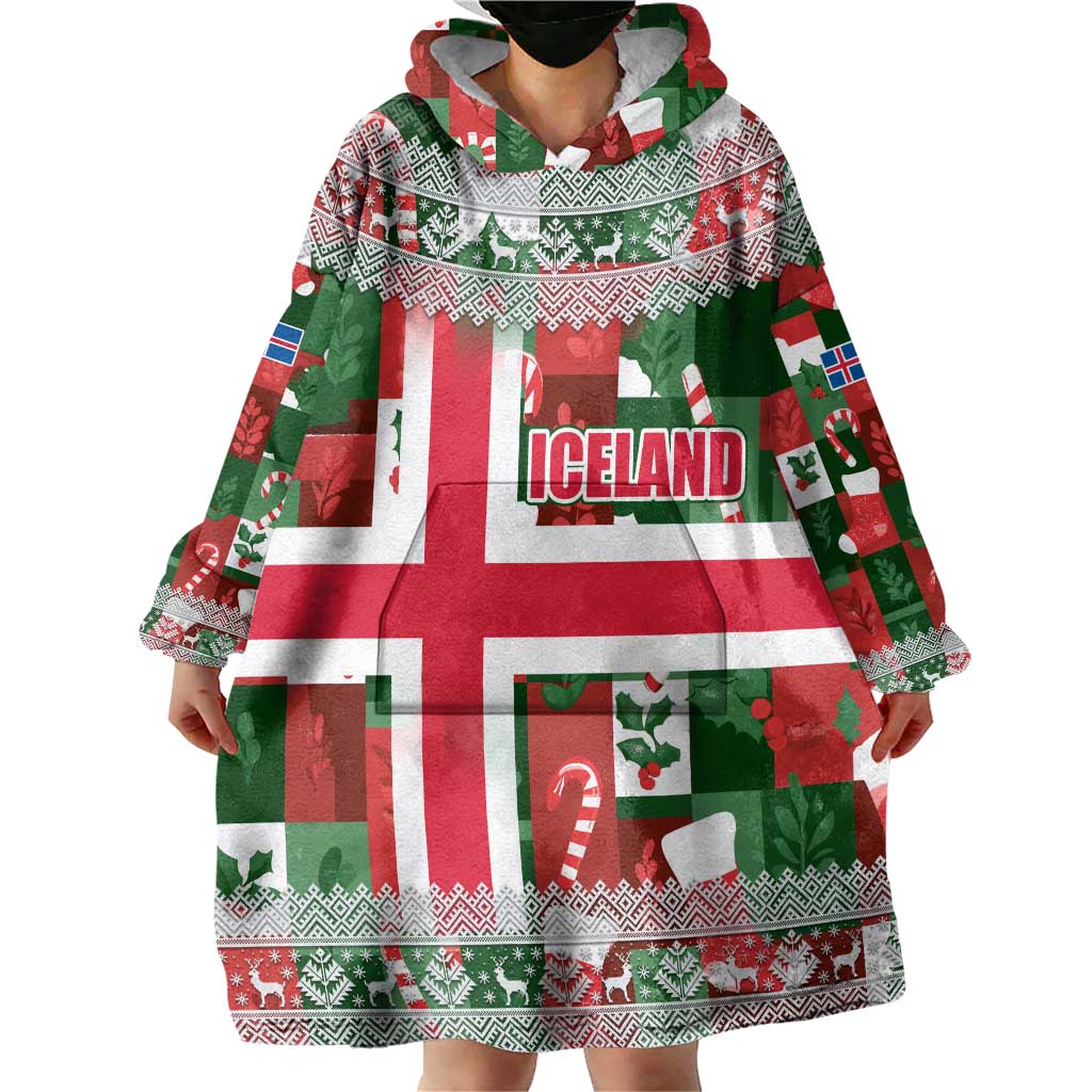 Iceland Christmas Wearable Blanket Hoodie with Green & Red Candy Cane Pattern Santa Claus and National Flag Motif - Wonder Print Shop