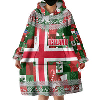 Iceland Christmas Wearable Blanket Hoodie with Green & Red Candy Cane Pattern Santa Claus and National Flag Motif - Wonder Print Shop