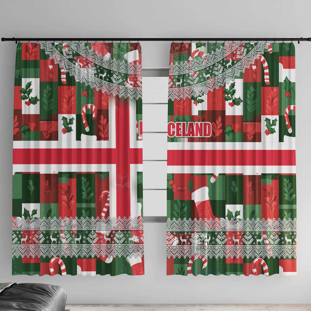 Iceland Christmas Window Curtain with Green & Red Candy Cane Pattern Santa Claus and National Flag Motif - Wonder Print Shop