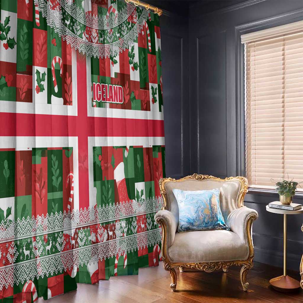 Iceland Christmas Window Curtain with Green & Red Candy Cane Pattern Santa Claus and National Flag Motif - Wonder Print Shop