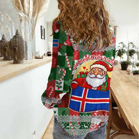 Iceland Christmas Women Casual Shirt with Green & Red Candy Cane Pattern Santa Claus and National Flag Motif - Wonder Print Shop
