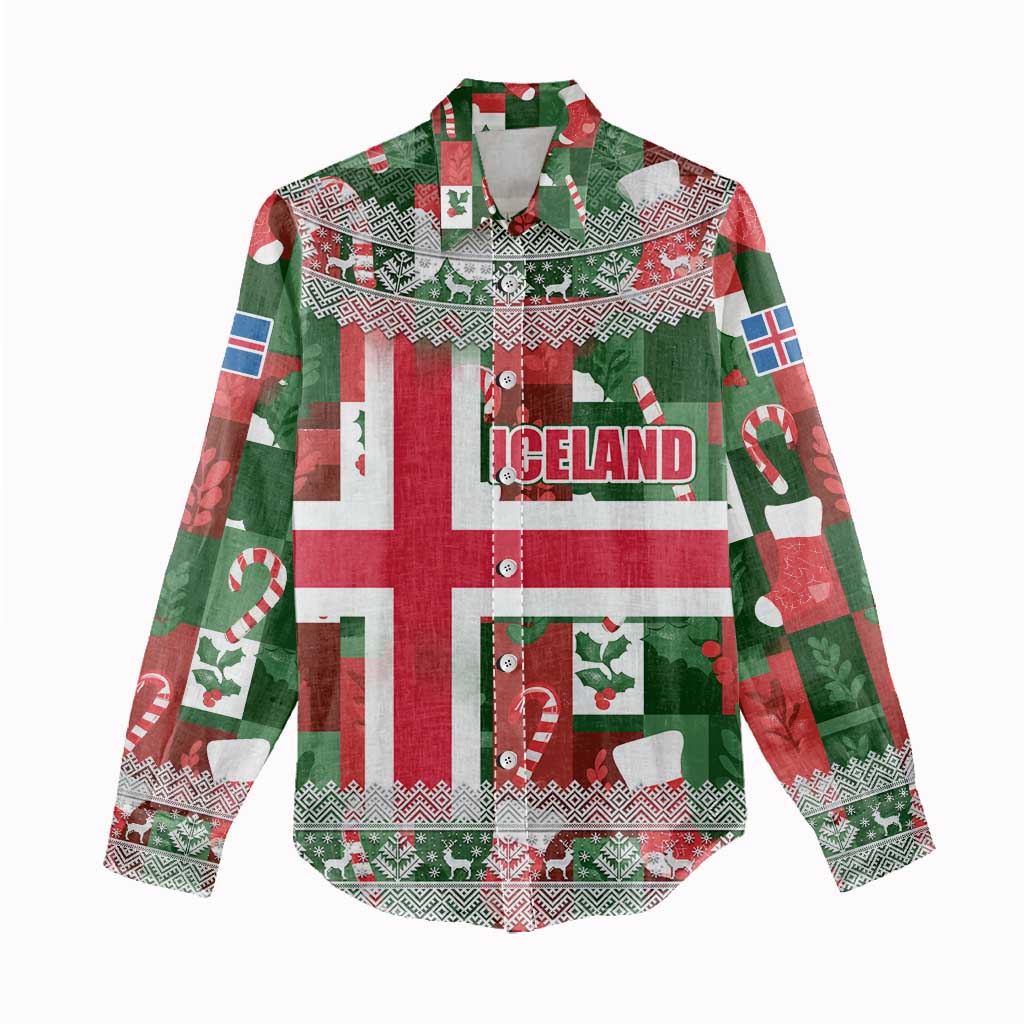 Iceland Christmas Women Casual Shirt with Green & Red Candy Cane Pattern Santa Claus and National Flag Motif - Wonder Print Shop