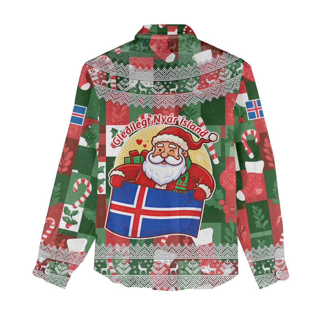 Iceland Christmas Women Casual Shirt with Green & Red Candy Cane Pattern Santa Claus and National Flag Motif - Wonder Print Shop