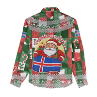 Iceland Christmas Women Casual Shirt with Green & Red Candy Cane Pattern Santa Claus and National Flag Motif - Wonder Print Shop
