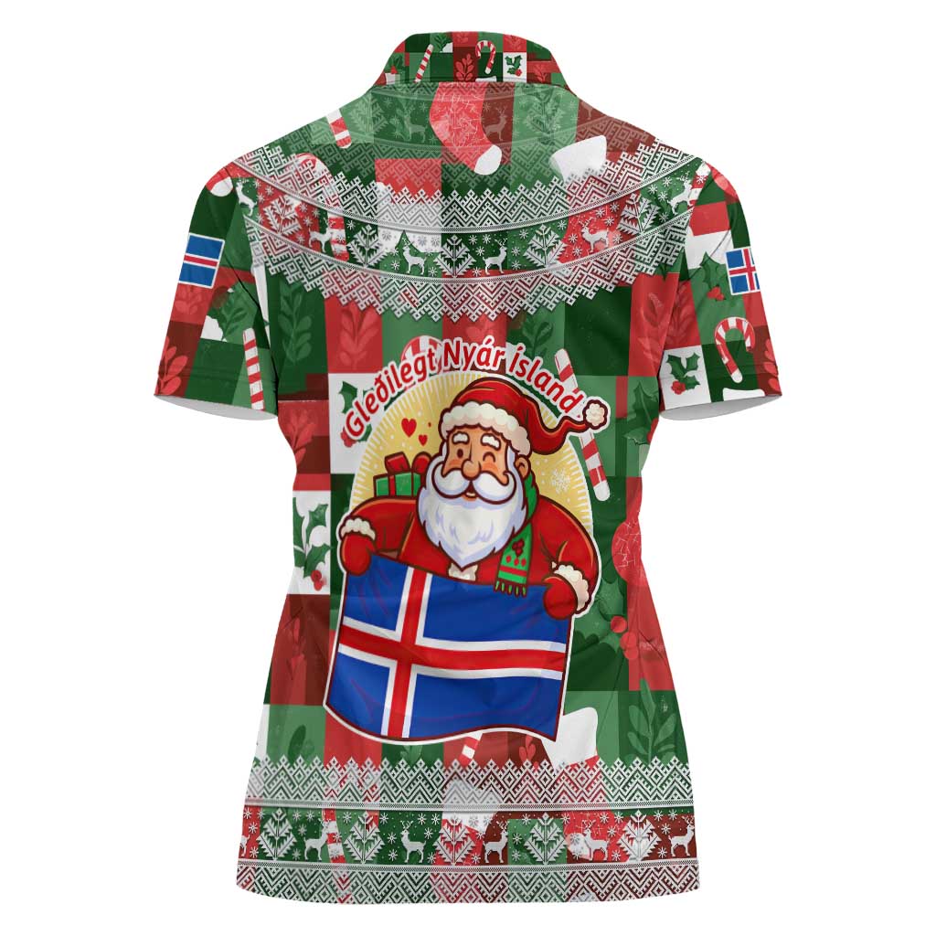 Iceland Christmas Women Polo Shirt with Green & Red Candy Cane Pattern Santa Claus and National Flag Motif - Wonder Print Shop