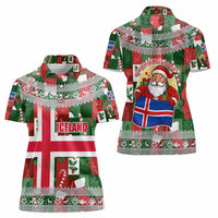Iceland Christmas Women Polo Shirt with Green & Red Candy Cane Pattern Santa Claus and National Flag Motif - Wonder Print Shop
