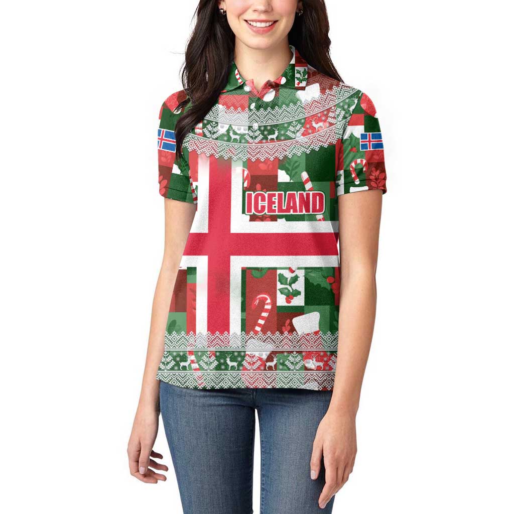Iceland Christmas Women Polo Shirt with Green & Red Candy Cane Pattern Santa Claus and National Flag Motif - Wonder Print Shop