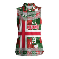 Iceland Christmas Women Sleeveless Polo Shirt with Green & Red Candy Cane Pattern Santa Claus and National Flag Motif - Wonder Print Shop