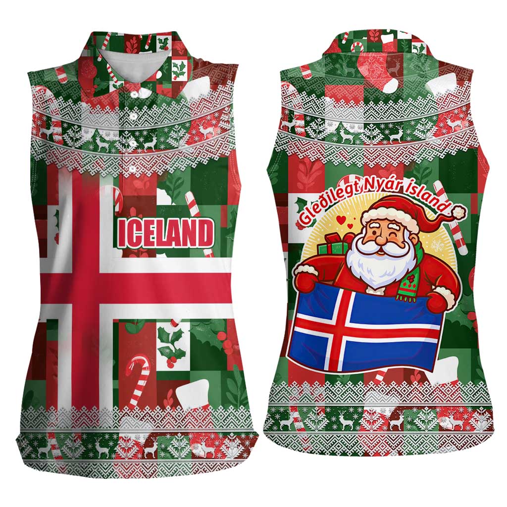Iceland Christmas Women Sleeveless Polo Shirt with Green & Red Candy Cane Pattern Santa Claus and National Flag Motif - Wonder Print Shop