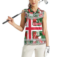 Iceland Christmas Women Sleeveless Polo Shirt with Green & Red Candy Cane Pattern Santa Claus and National Flag Motif - Wonder Print Shop