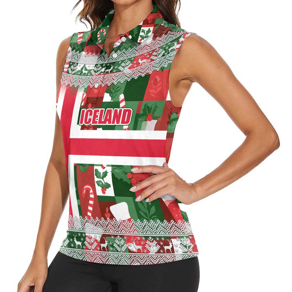 Iceland Christmas Women Sleeveless Polo Shirt with Green & Red Candy Cane Pattern Santa Claus and National Flag Motif - Wonder Print Shop