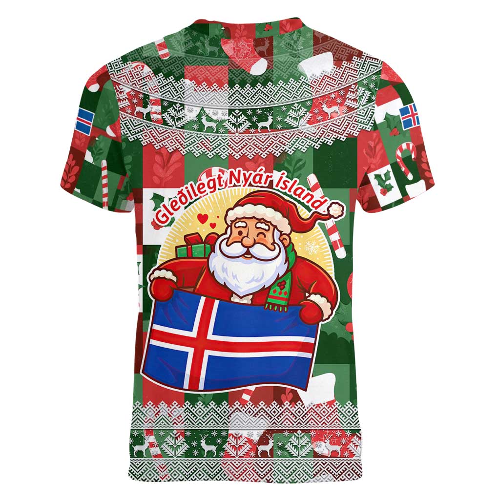 Iceland Christmas Women V-Neck T-Shirt with Green & Red Candy Cane Pattern Santa Claus and National Flag Motif - Wonder Print Shop
