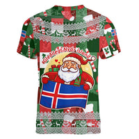 Iceland Christmas Women V-Neck T-Shirt with Green & Red Candy Cane Pattern Santa Claus and National Flag Motif - Wonder Print Shop
