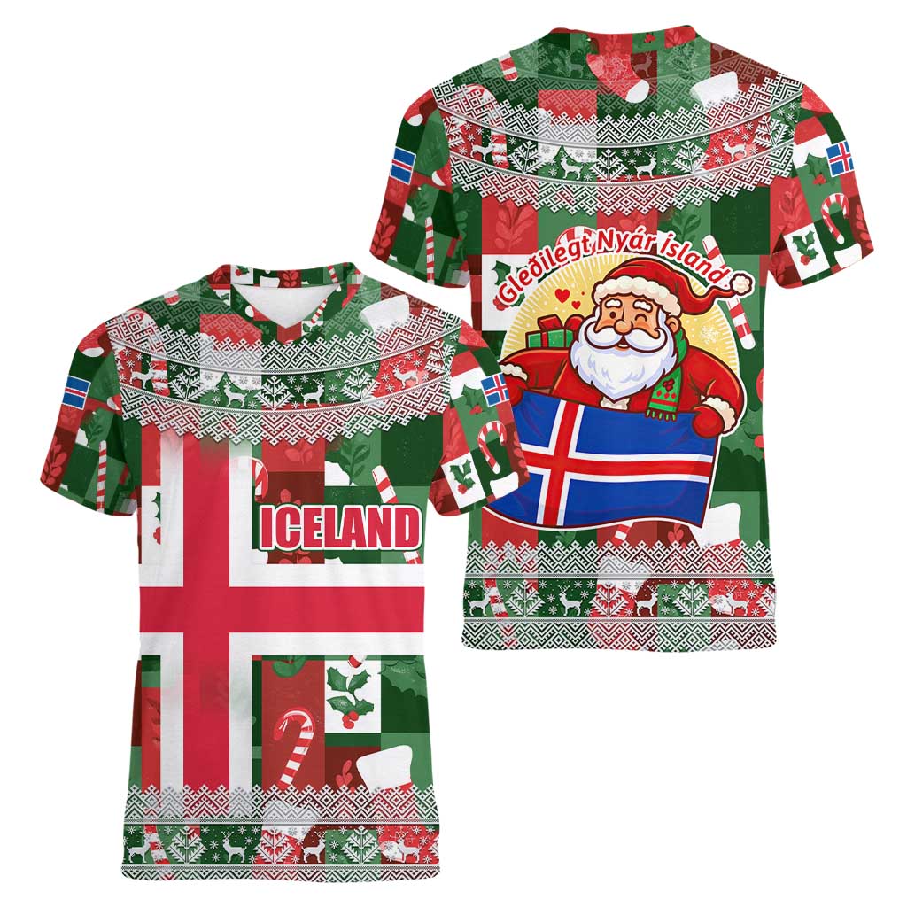 Iceland Christmas Women V-Neck T-Shirt with Green & Red Candy Cane Pattern Santa Claus and National Flag Motif - Wonder Print Shop