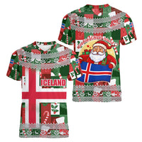 Iceland Christmas Women V-Neck T-Shirt with Green & Red Candy Cane Pattern Santa Claus and National Flag Motif - Wonder Print Shop
