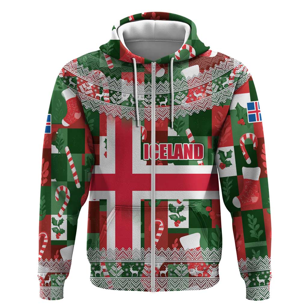 Iceland Christmas Zip Hoodie with Green & Red Candy Cane Pattern Santa Claus and National Flag Motif - Wonder Print Shop