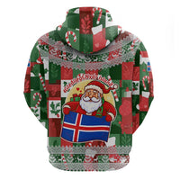 Iceland Christmas Zip Hoodie with Green & Red Candy Cane Pattern Santa Claus and National Flag Motif - Wonder Print Shop
