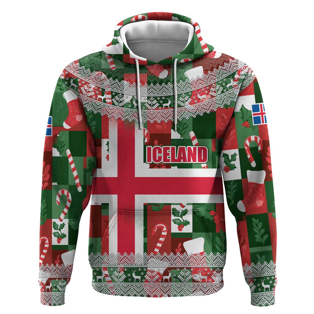 Iceland Christmas Zip Hoodie with Green & Red Candy Cane Pattern Santa Claus and National Flag Motif - Wonder Print Shop