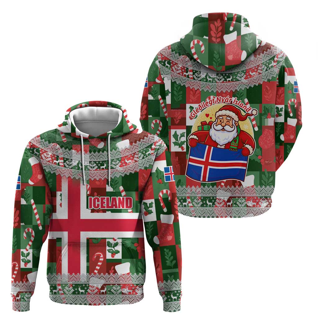 Iceland Christmas Zip Hoodie with Green & Red Candy Cane Pattern Santa Claus and National Flag Motif - Wonder Print Shop