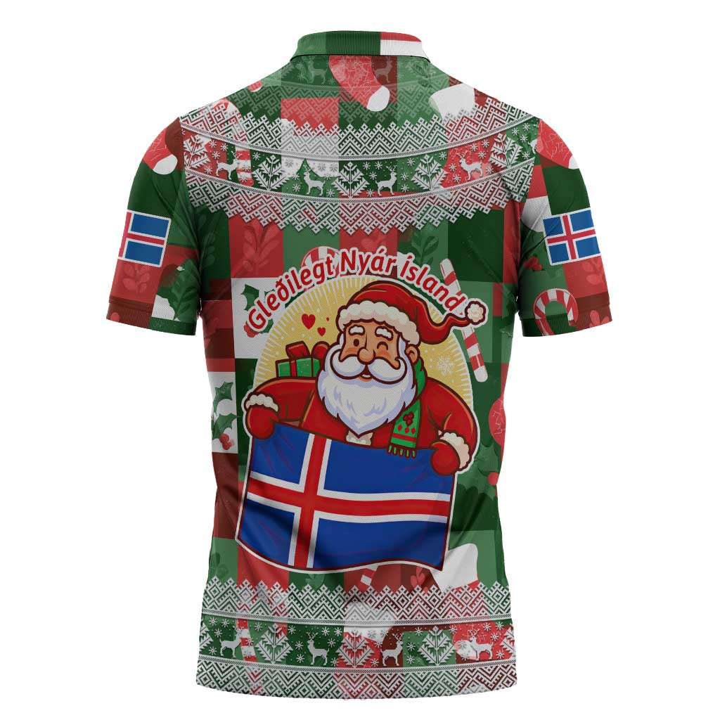Iceland Christmas Zipper Polo Shirt with Green & Red Candy Cane Pattern Santa Claus and National Flag Motif - Wonder Print Shop