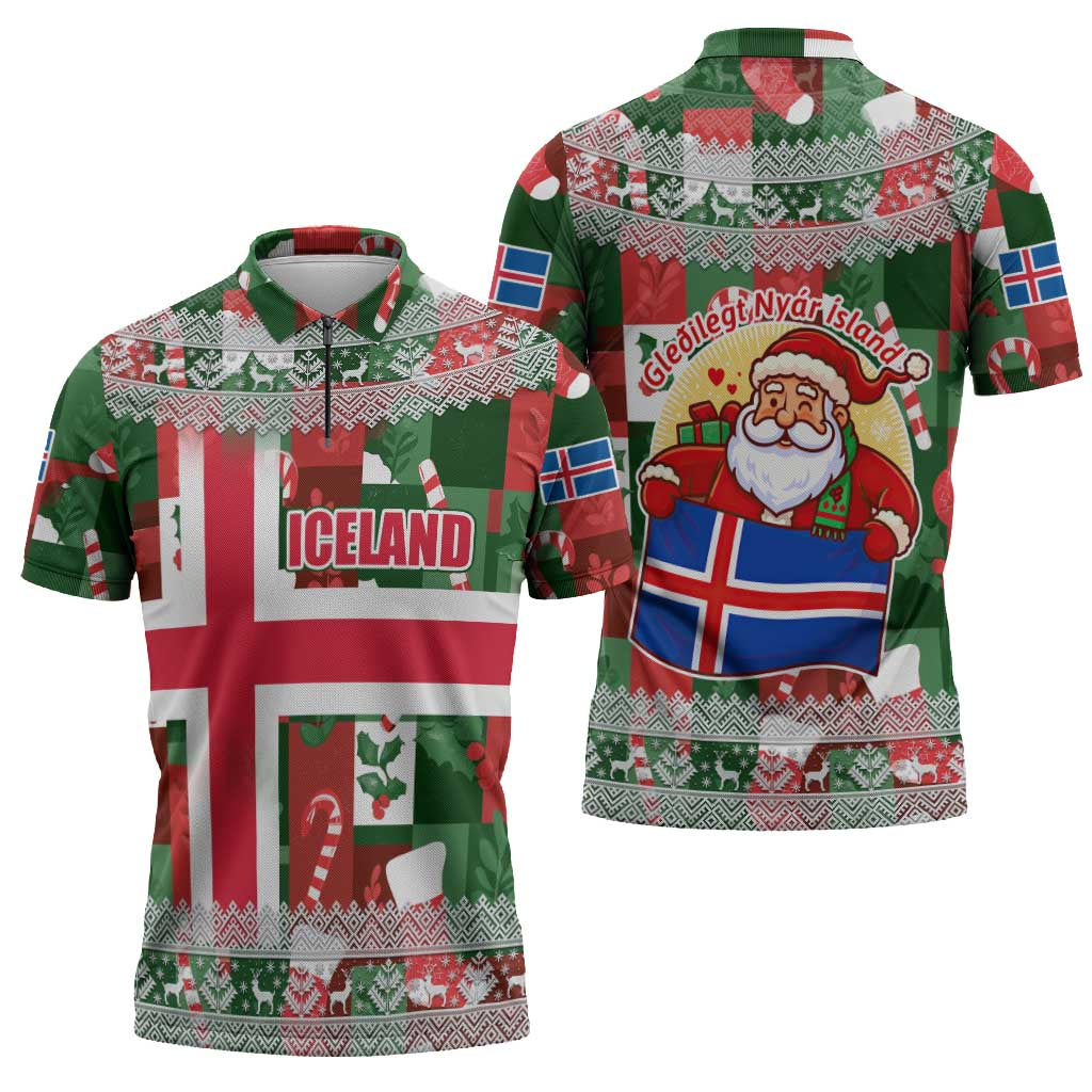 Iceland Christmas Zipper Polo Shirt with Green & Red Candy Cane Pattern Santa Claus and National Flag Motif - Wonder Print Shop