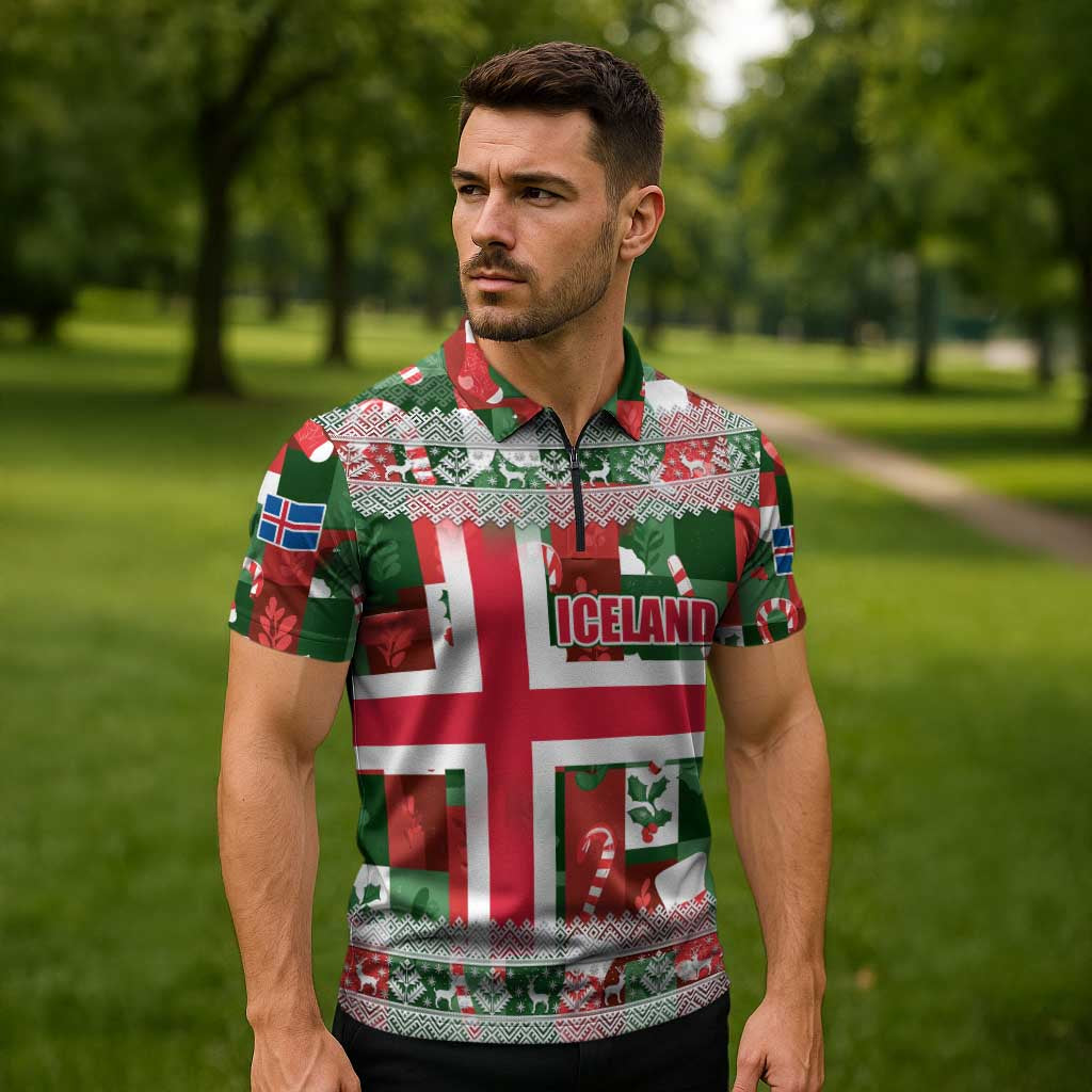 Iceland Christmas Zipper Polo Shirt with Green & Red Candy Cane Pattern Santa Claus and National Flag Motif - Wonder Print Shop