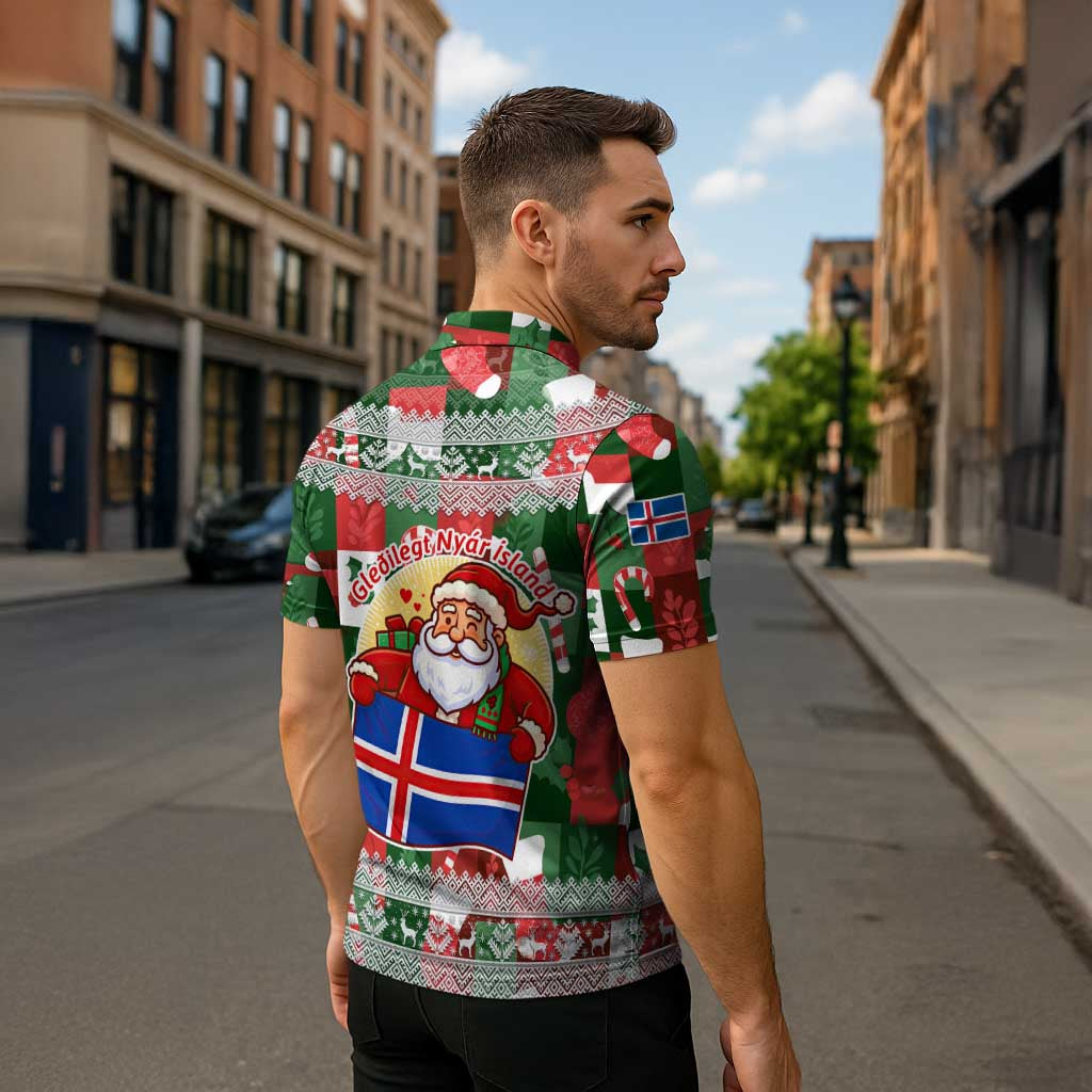 Iceland Christmas Zipper Polo Shirt with Green & Red Candy Cane Pattern Santa Claus and National Flag Motif - Wonder Print Shop