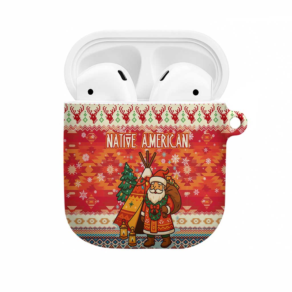 Native American Christmas AirPods Case with Red & Orange Geometric Pattern Santa Claus and Teepee Motif - Wonder Print Shop