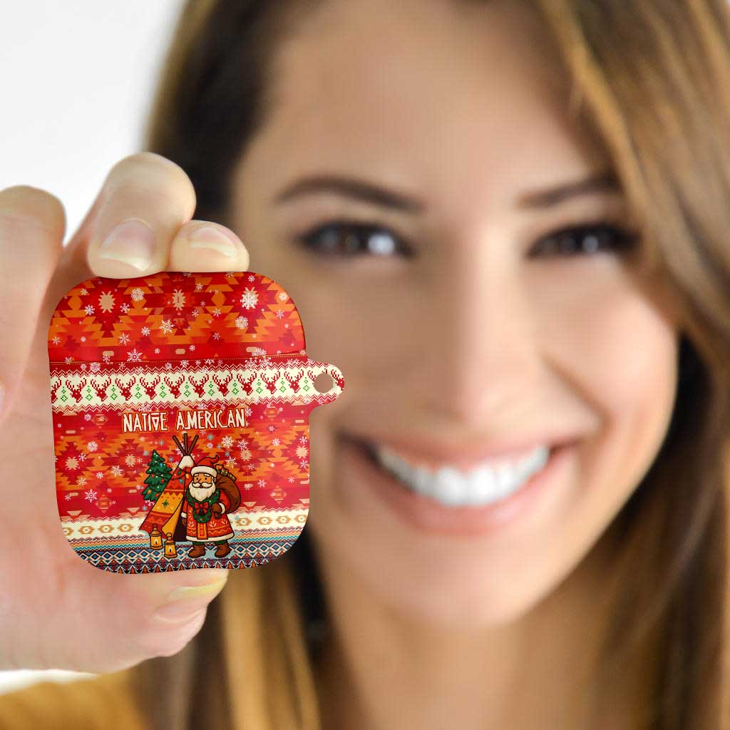 Native American Christmas AirPods Case with Red & Orange Geometric Pattern Santa Claus and Teepee Motif - Wonder Print Shop