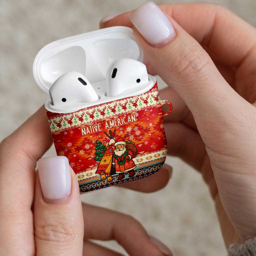 Native American Christmas AirPods Case with Red & Orange Geometric Pattern Santa Claus and Teepee Motif - Wonder Print Shop
