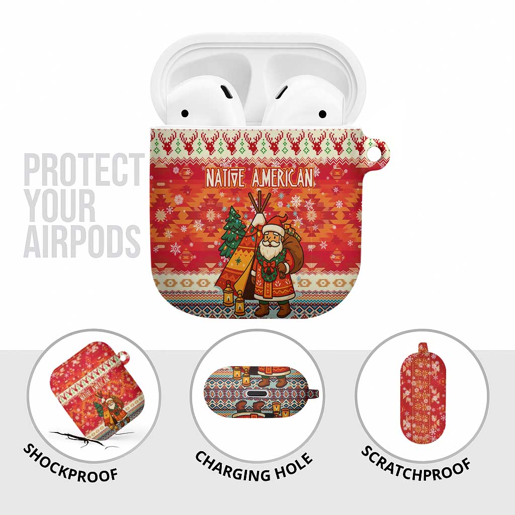 Native American Christmas AirPods Case with Red & Orange Geometric Pattern Santa Claus and Teepee Motif - Wonder Print Shop