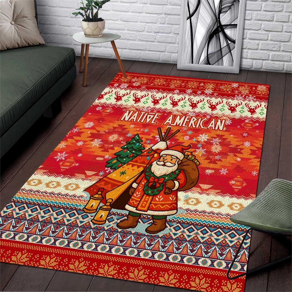 Native American Christmas Area Rug with Red & Orange Geometric Pattern Santa Claus and Teepee Motif - Wonder Print Shop