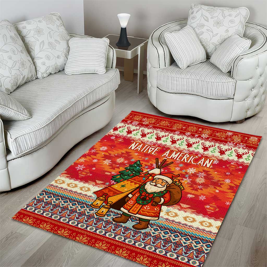 Native American Christmas Area Rug with Red & Orange Geometric Pattern Santa Claus and Teepee Motif - Wonder Print Shop