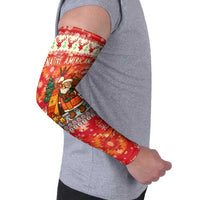 Native American Christmas Arm Sleeves with Red & Orange Geometric Pattern Santa Claus and Teepee Motif - Wonder Print Shop
