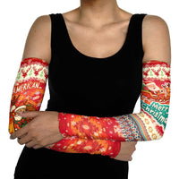 Native American Christmas Arm Sleeves with Red & Orange Geometric Pattern Santa Claus and Teepee Motif - Wonder Print Shop