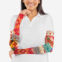 Native American Christmas Arm Sleeves with Red & Orange Geometric Pattern Santa Claus and Teepee Motif - Wonder Print Shop