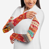 Native American Christmas Arm Sleeves with Red & Orange Geometric Pattern Santa Claus and Teepee Motif - Wonder Print Shop