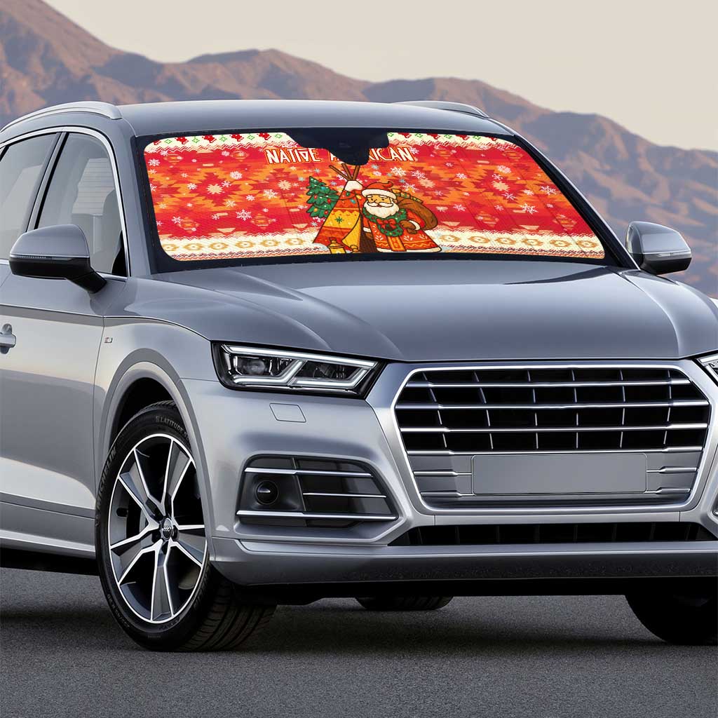 Native American Christmas Auto Sun Shade with Red & Orange Geometric Pattern Santa Claus and Teepee Motif - Wonder Print Shop